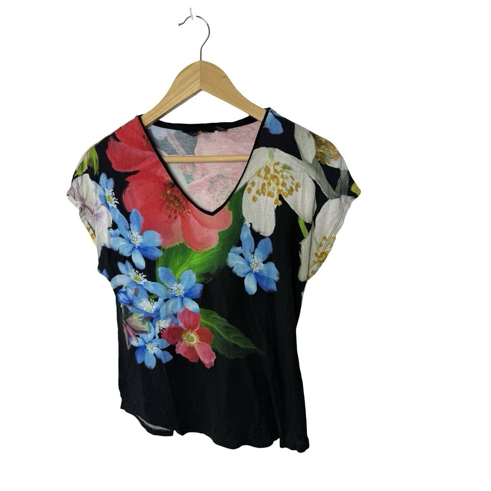 TED BAKER LONDON Women's Black Multi Floral‎ RENEAH Cap Sleeve Blouse Size 1 XS